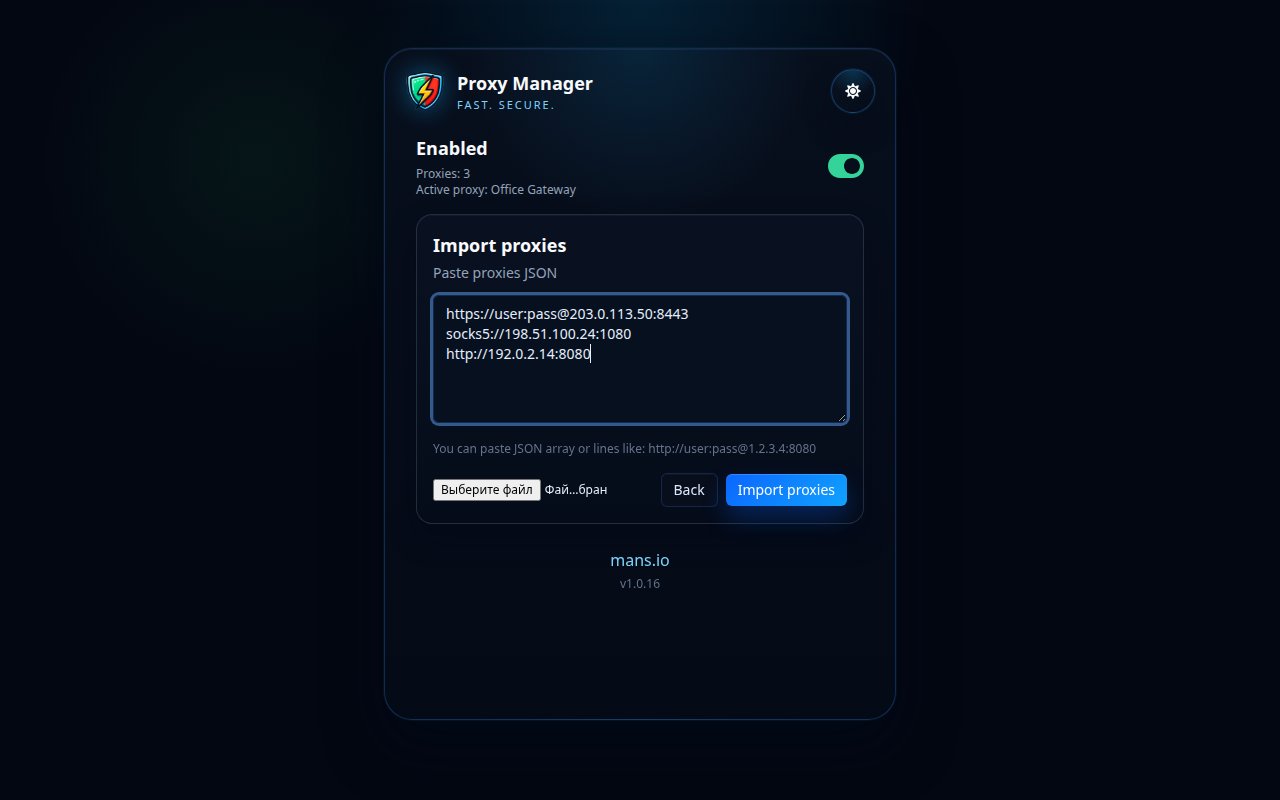 Pantalla d'importació de Proxy Manager