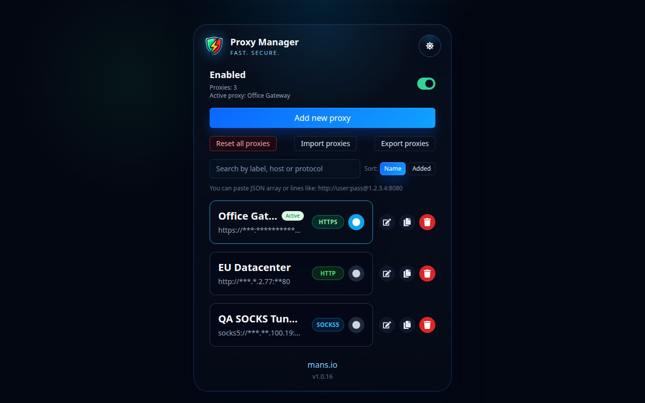 Llista de perfils de Proxy Manager