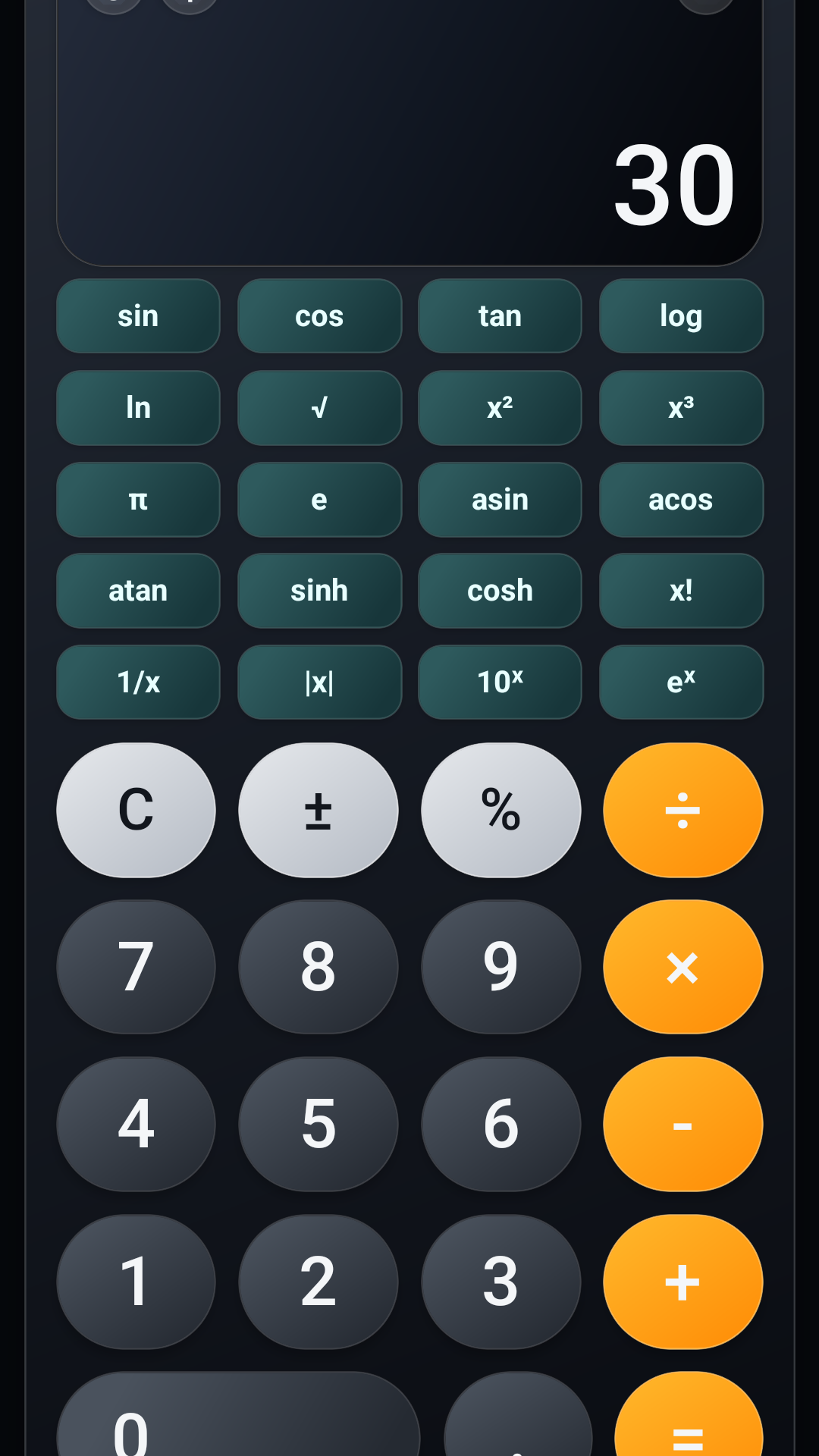 Pantalla de mode científic de la calculadora