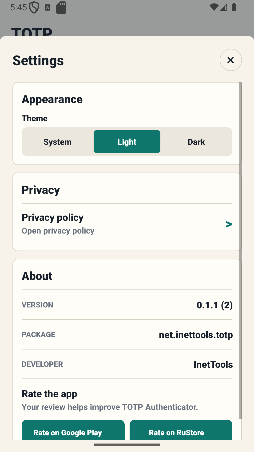 TOTP Authenticator settings